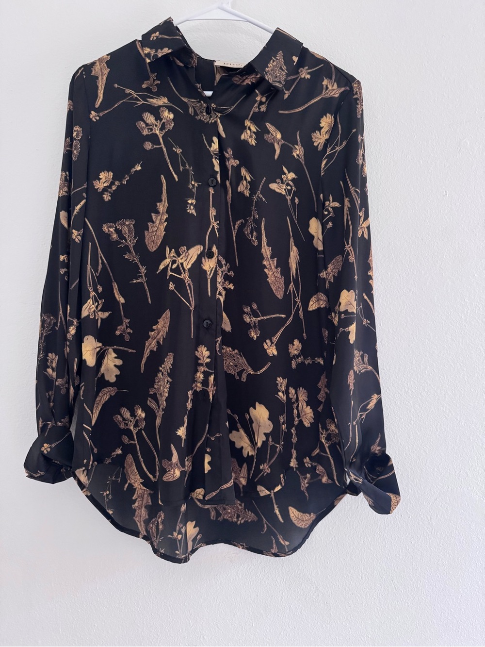 Elie Tahari Black Button-Down Blouse with Gold Botanical Print